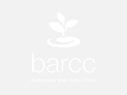 White sprout with white text: barcc Boston Area Rape Crisis Center