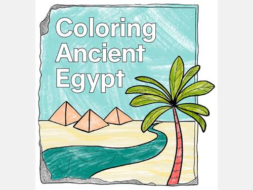 An illustration that looks colored in with crayons, shows a blue sky behind the text, three pyramids below, a little blue river at the bottom of the illustration, and a palm tree at lower right, in the foreground.