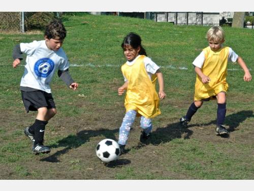 Photo of three young soccer players chasing the ball.