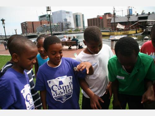 Group of boys huddling outdoors for a science activity.