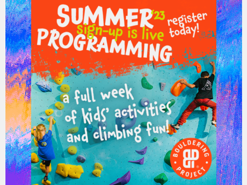 Flyer for rock climbing summer camp, signup is live, register today, full weeks of kids activities and climbing fun.