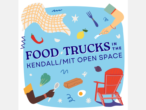 Colorful graphic with food icons titled Food Trucks in the Kendall/MIT Open Space