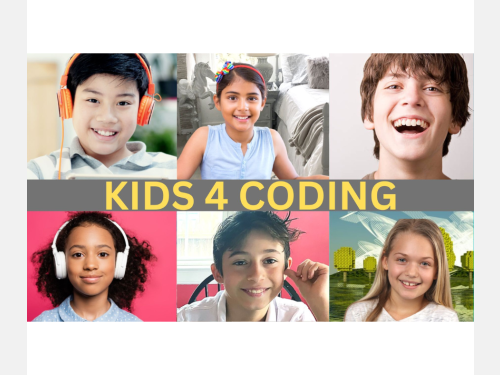 Collage of photos of children smiling with "Kids 4 Coding" written in between.