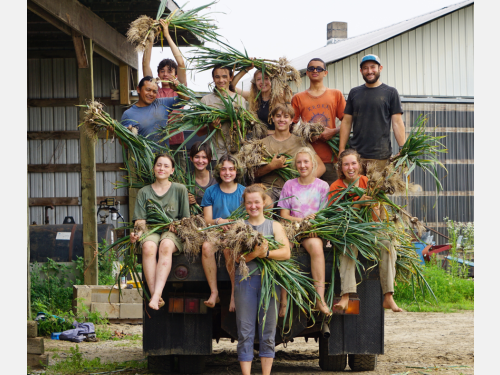 Group of campers smiling and showing off their harvest on a day trip with Kroka Expeditions.