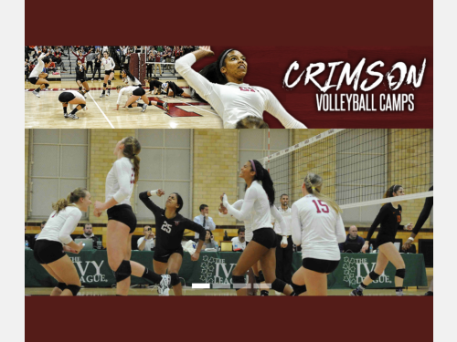 Crimson Volleyball Camps poster with volleyball players on the court.