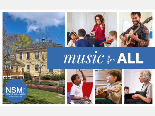 collage of students and teachers playing instruments at the New School of Music in Cambridge, MA